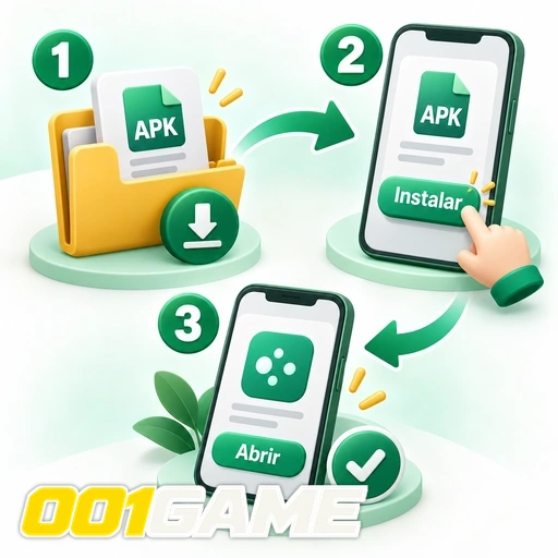 001GAME — ilustração das etapas de baixar, instalar e abrir um APK no celular