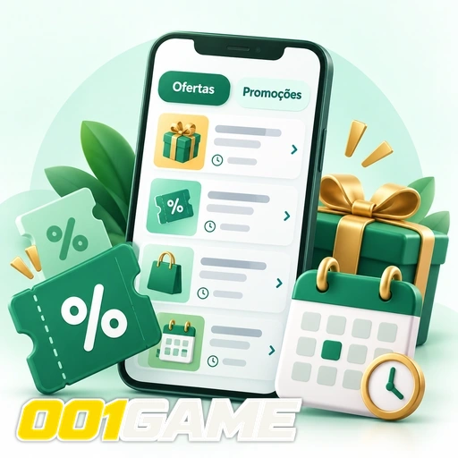 001GAME — ilustração de ofertas e promoções no celular com presentes e símbolos de porcentagem