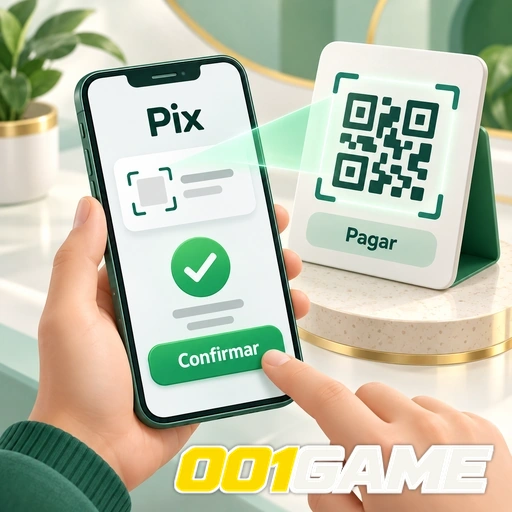 001GAME — ilustração de pagamento Pix no celular com QR code e confirmação